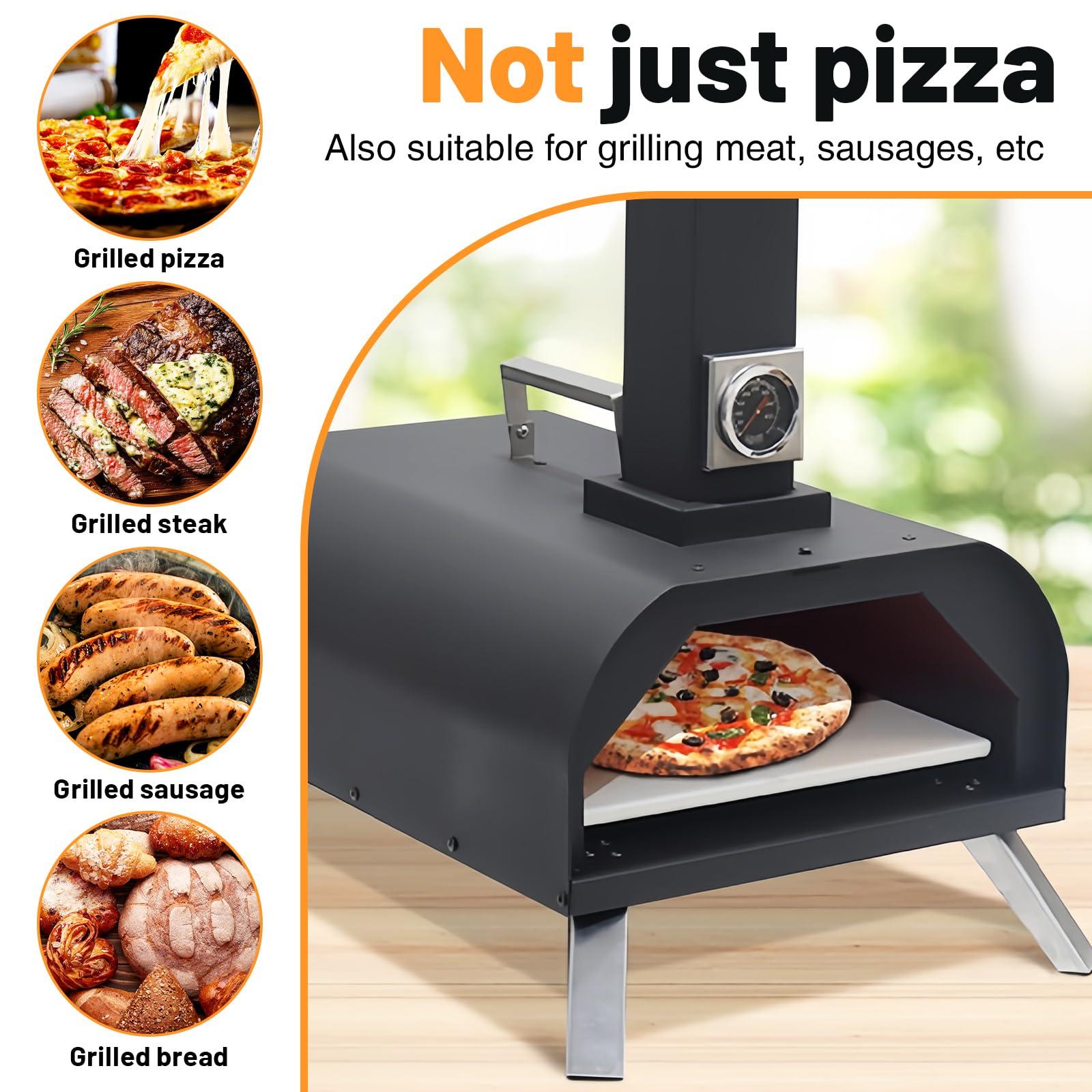 Forno per pizza a pellet in legno con pietra, termometro e gambe pieghevoli