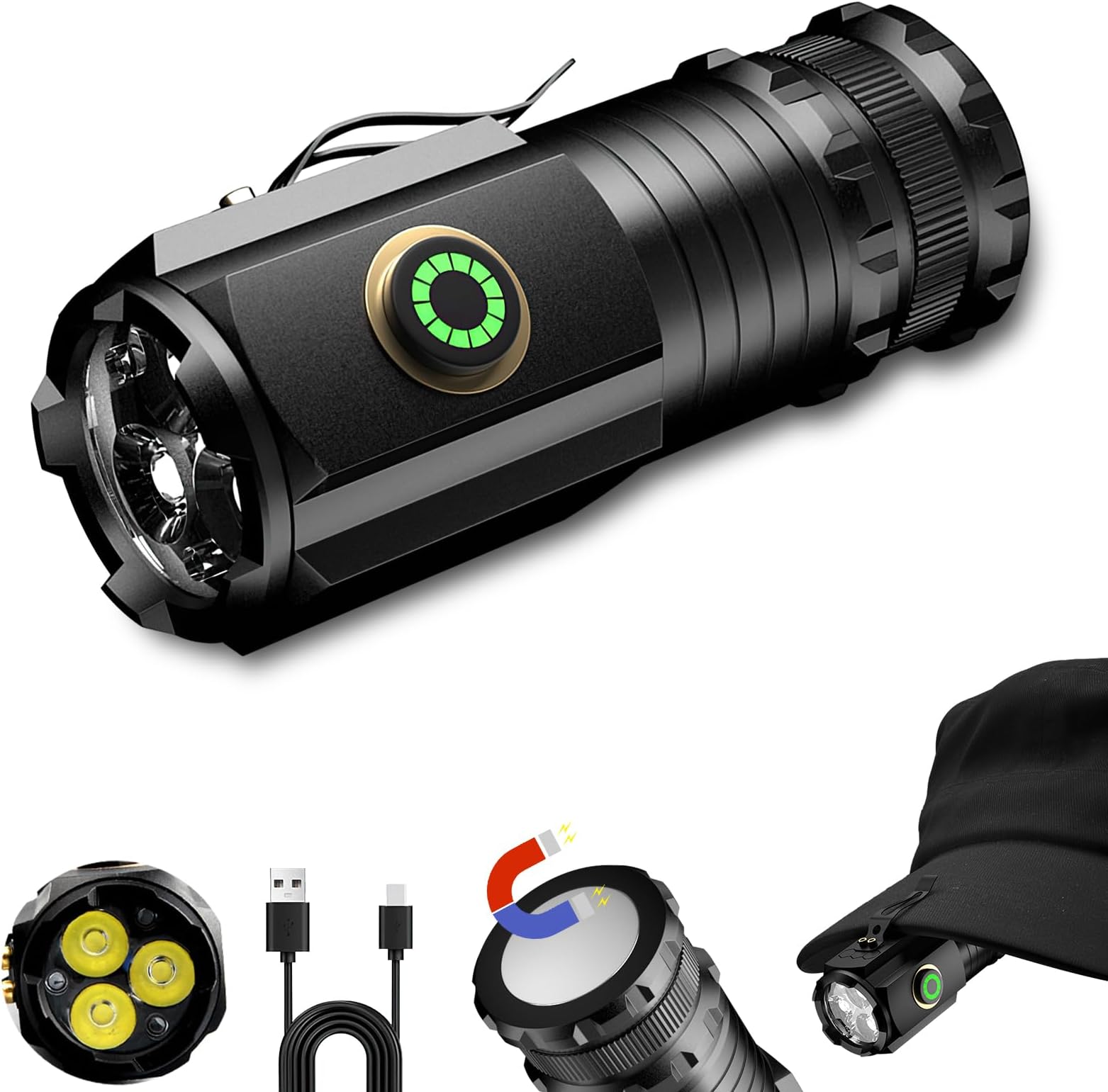 Torches LED Super Bright, 2000 Lumens Rechargeable Torch, Powerful Small Pen Torch with Clip Magnetic Flashlight 5 Light Modes Cap/Camping/Work/Head Torch for Emergency