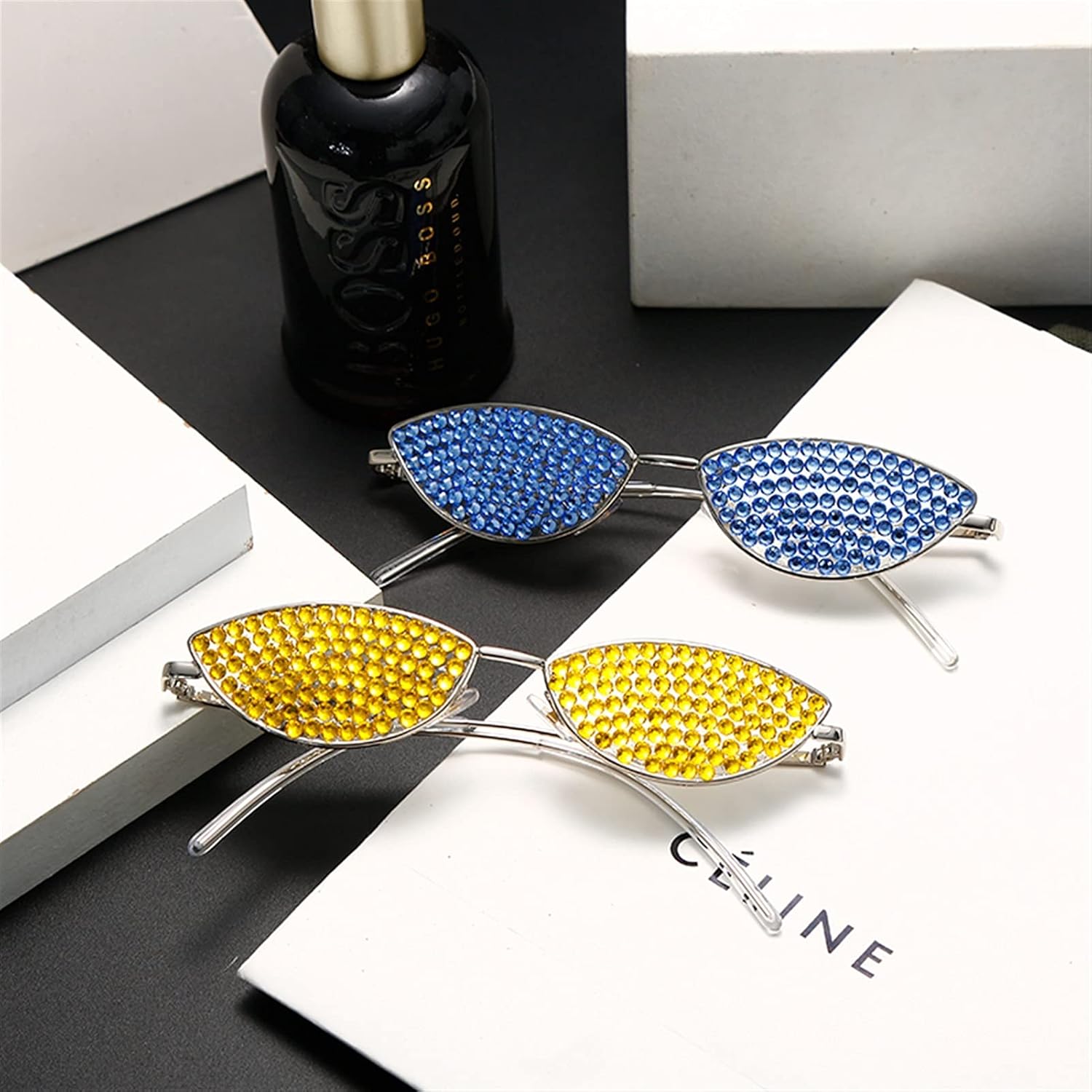 Sunglasses Vintage Diamond Sunglasses Women Luxury Sun Glasses Cat Eye Shades Rhinestone Lens Ladies Crystal Eyeglasses (Color : 2)