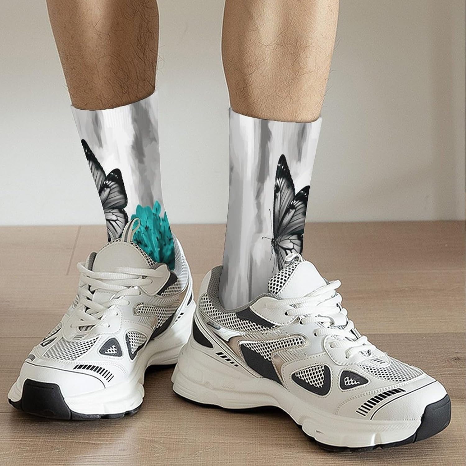 Gray Teal Flower Butterfly Crew Sock High Stocking Grippy Socks | Socks for Men & Women,Stockings-Long Thin Tube Sports, Breathable Soft Athletic for Nurses,Travel