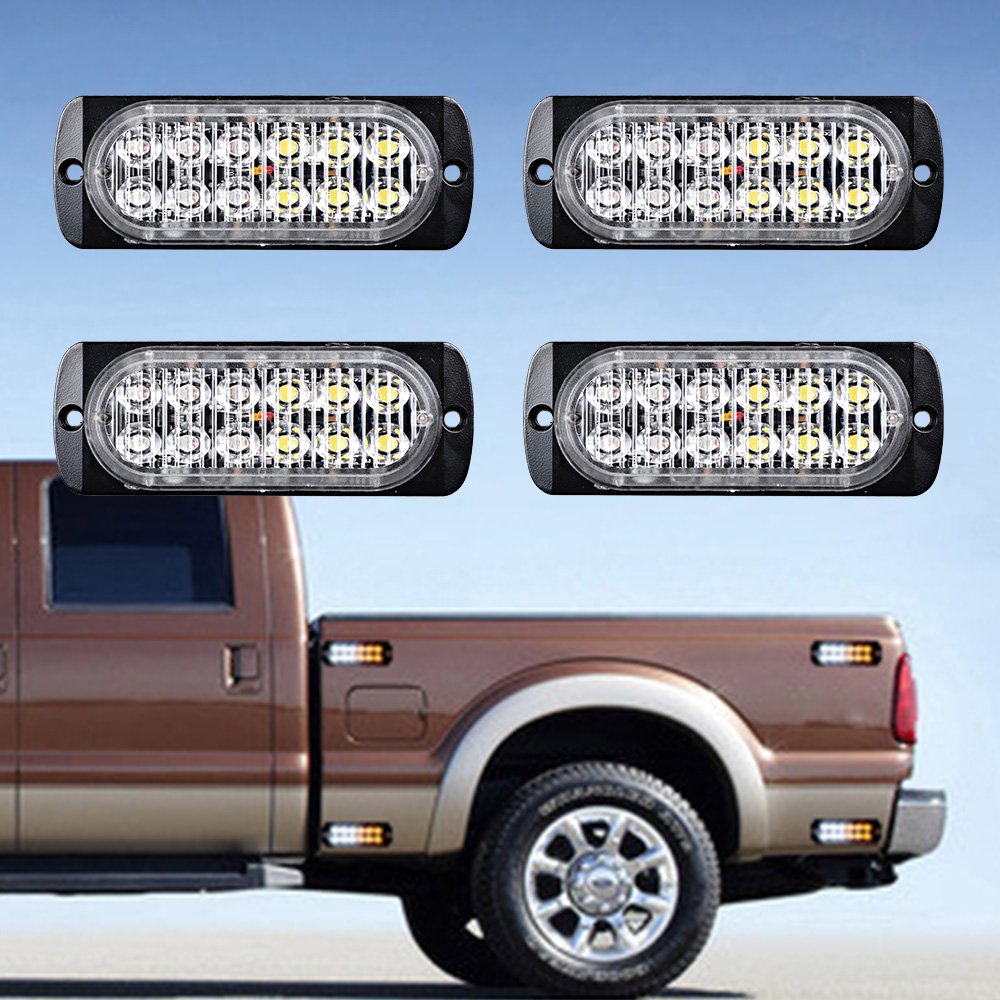 (4x White/Amber + 4x Amber) Ultra Slim 12-LED Car SUV Pickup Truck Waterproof Emergency Beacon Flash Caution Strobe Lights
