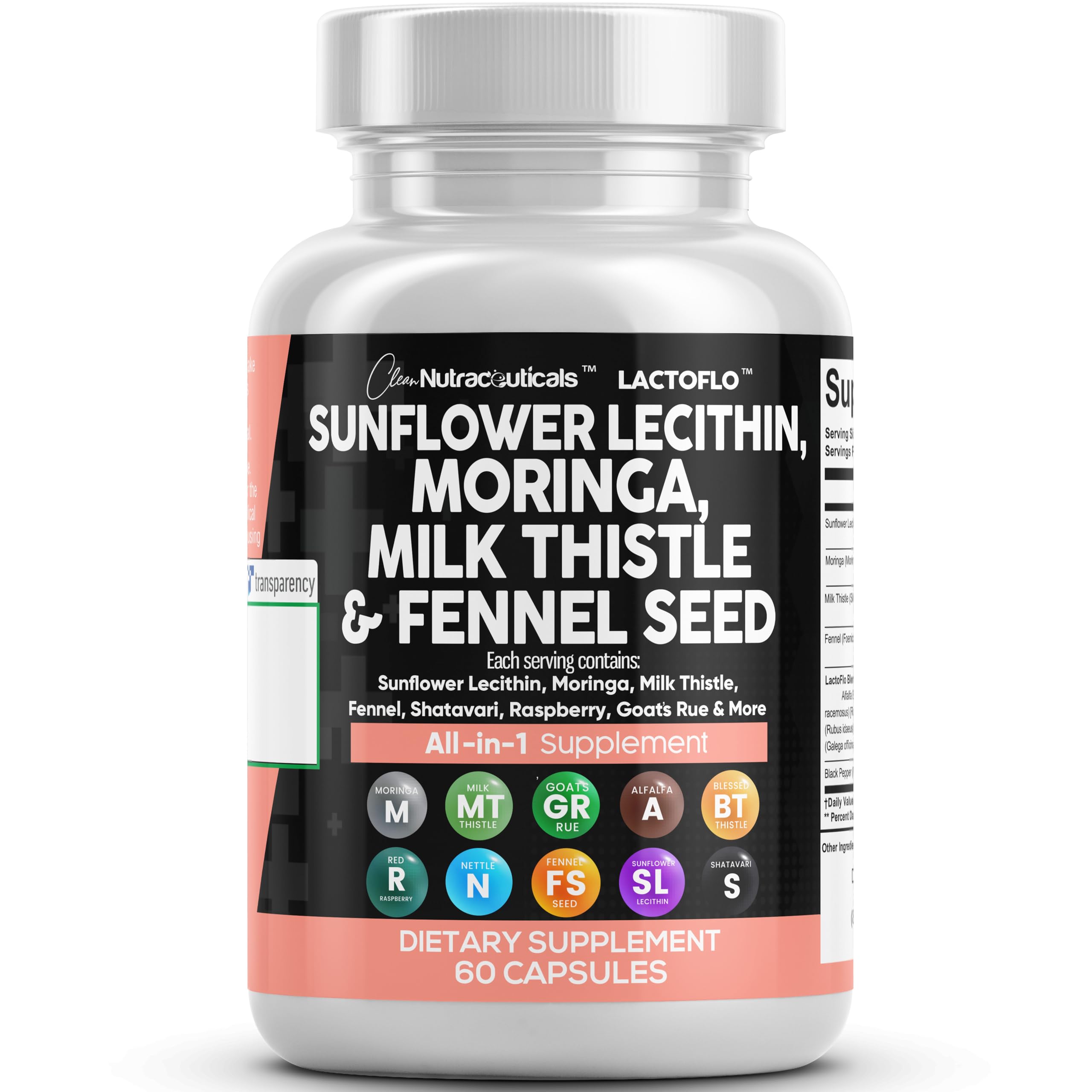Clean Nutraceuticals Sunflower Lecithin 6000mg Lactation Supplement with Moringa 25000mg Milk Thistle 2000mg Fennel Seed 2000mg Plus Goats Rue, Shatavari, Alfalfa, & Nettle For Breastfeeding USA 60 Ct