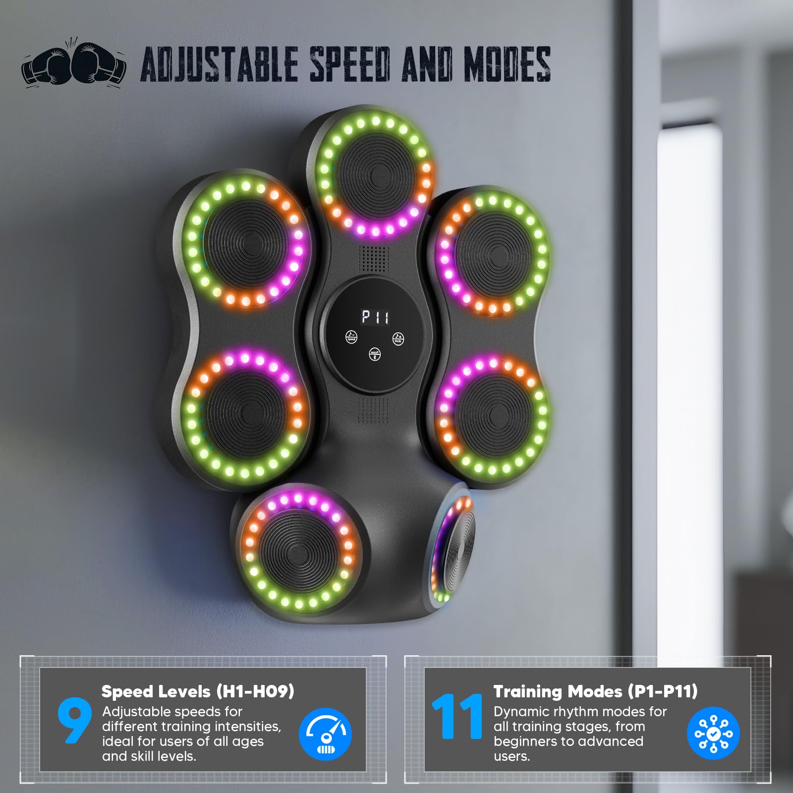 Macchina da Boxe Musicale Da Parete Attrezzature di Allenamento Intelligente con Bluetooth, 9 Velocità & Mode, Tappetino di Reazione con Guanti per Ragazzi & Bambini, Regalo Sportivo Palestra