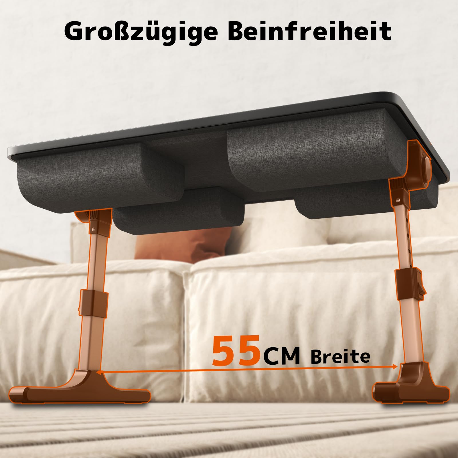PUTORSEN Laptoptisch fürs Bett - Höhenverstellbar und Winkelverstellbar, 2-in-1 Laptopkissen Klappbar, Größere Laptop Tisch für Bett Sofa Couch Boden, 58 x 37cm Schwarz