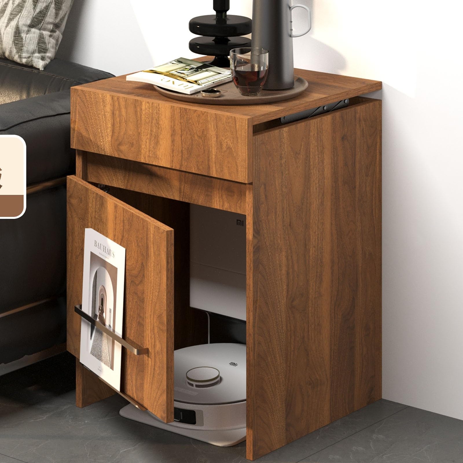 Armoire de rangement robot aspirateur marron avec tiroir dissimulé