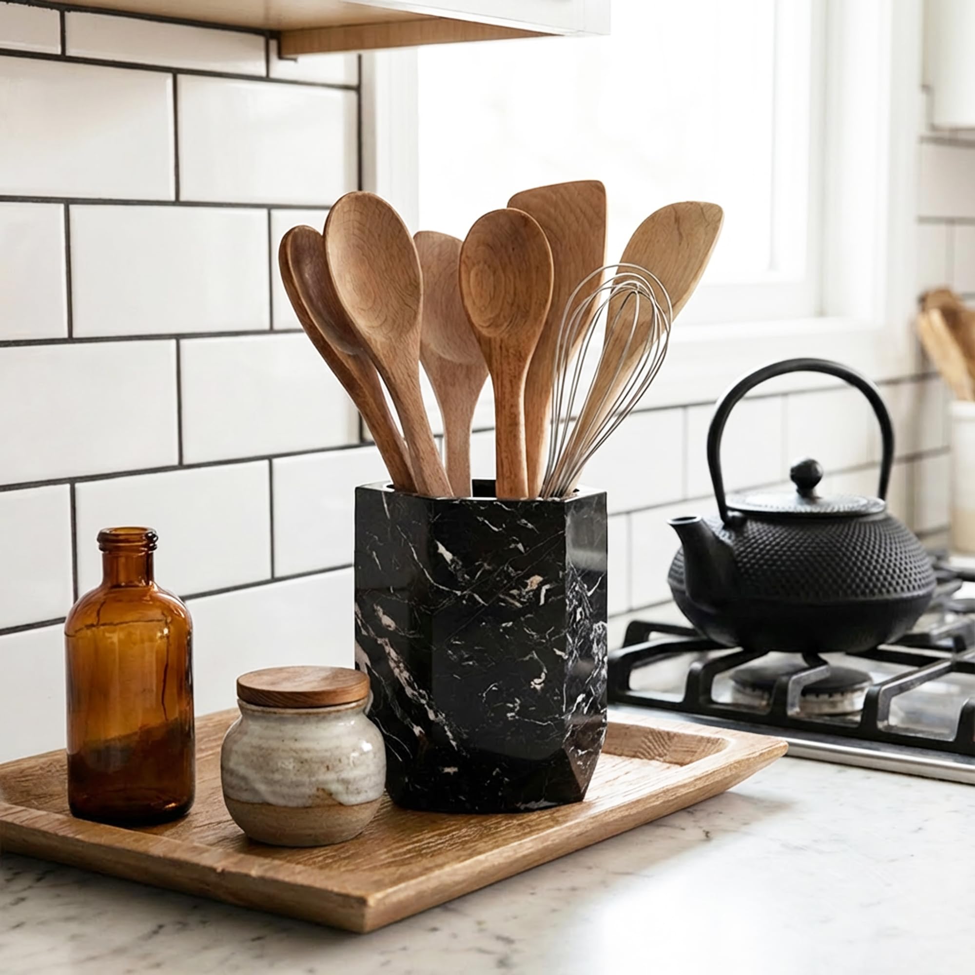Radicaln Soporte para utensilios de mármol de 6.5 pulgadas, juego de espátulas negras para encimera de cocina, tarro de utensilios de cocina ideal y organizador de artículos esenciales de cocina