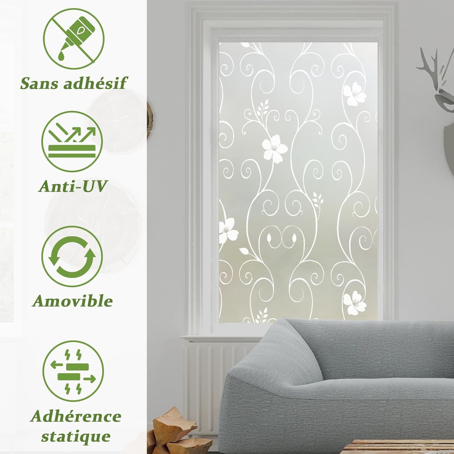 Qualsen Film Fenetre Anti Regard Motif Floral, Fleur Blanche, 90 x 300cm | Brise Vue Fenêtre, Opaque Film Electrostatique Vitre Non Adhésif, Anti-UV Décoratif pour Maison Bureau Cuisine