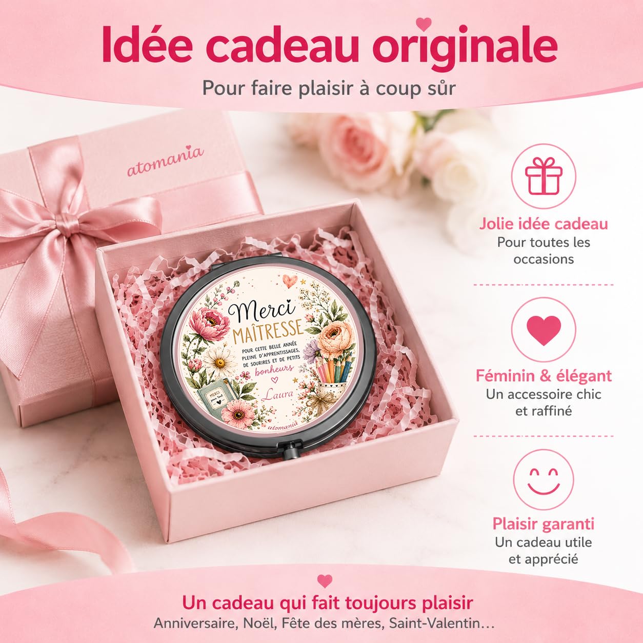 Miroir de Poche Merci Maîtresse Personnalisé – Cadeau Maîtresse Fleuri Fin d'Année Scolaire – Cadeau Institutrice avec Prénom – Miroir Compact Femme