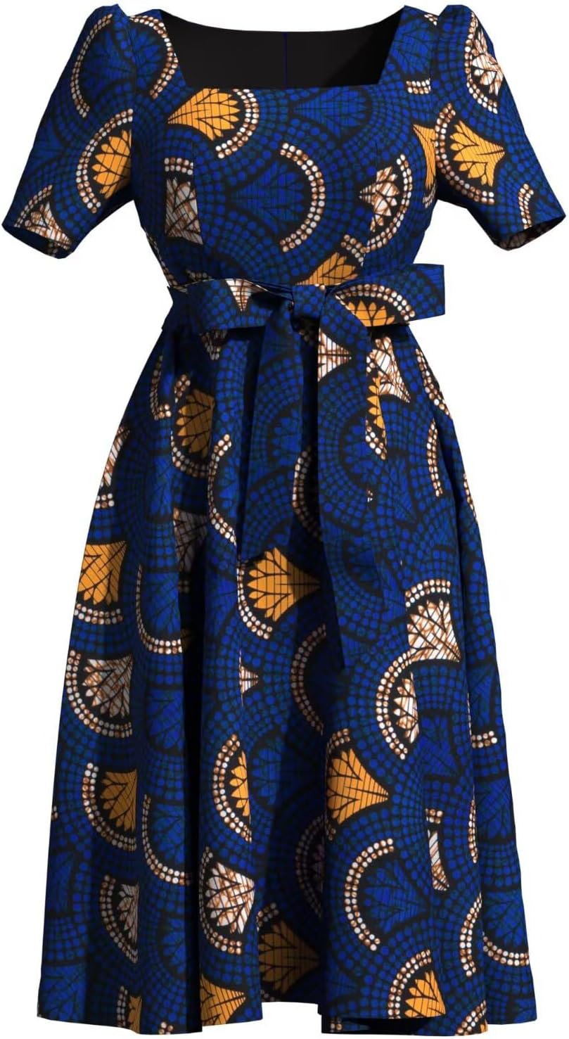 ABCWAX African Ethnic Tribal Kente Print Short Dress for Women Plus Size Colorful Bright Casual Party Dress with Belt