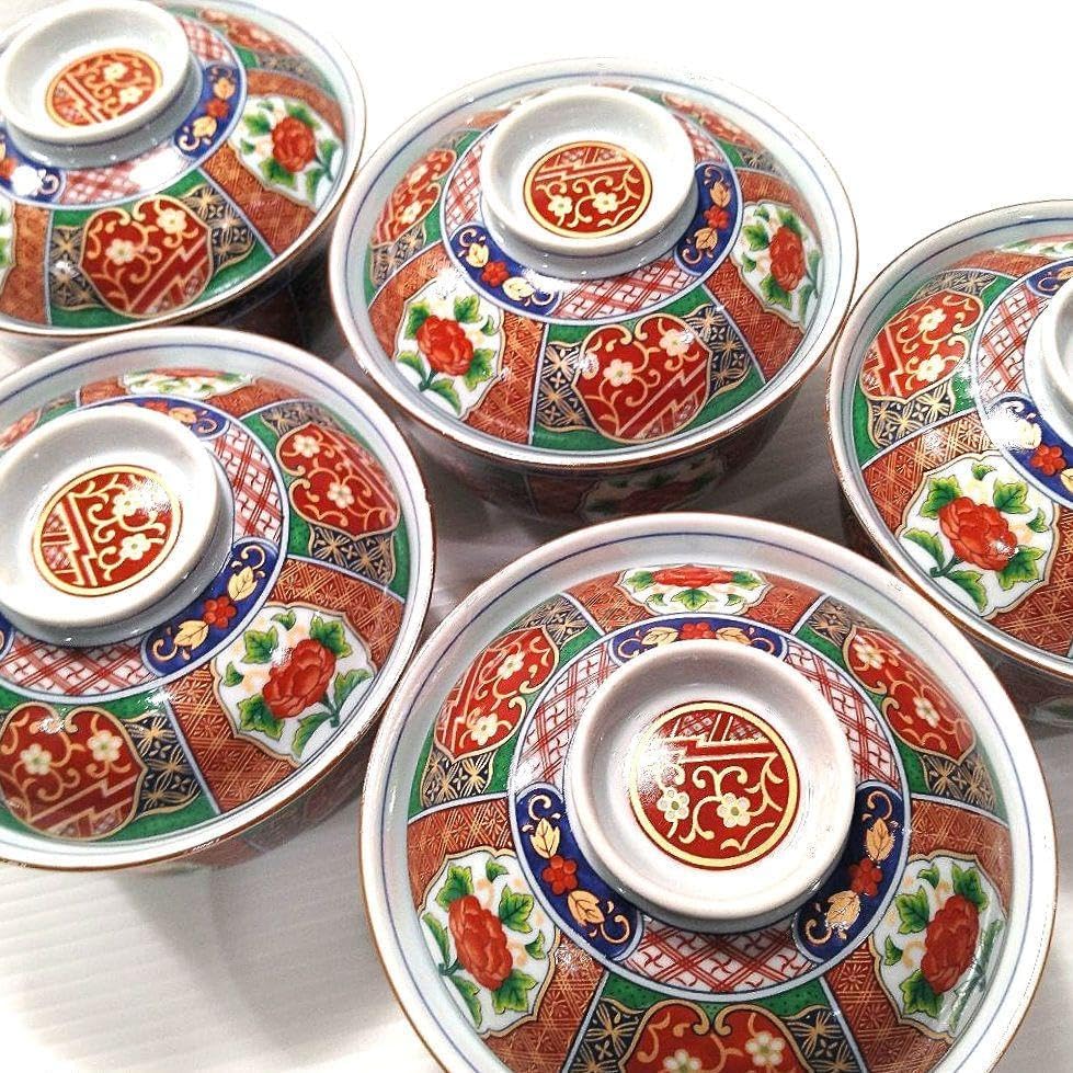 即決可 有田焼 醍醐窯 赤絵牡丹文 蓋付き丼ぶり 3客セット *