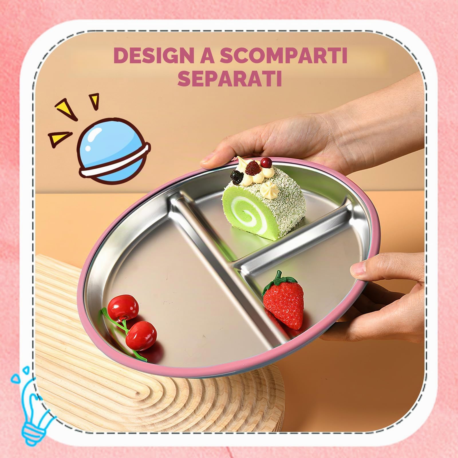Set Piatto Svezzamento con Ventosa – Piatto Bambini in Acciaio Inox 304 e Silicone, Posate per Autoalimentazione BLW, Lavabile in Lavastoviglie, Antiscivolo, Senza BPA, Dai 6 Mesi