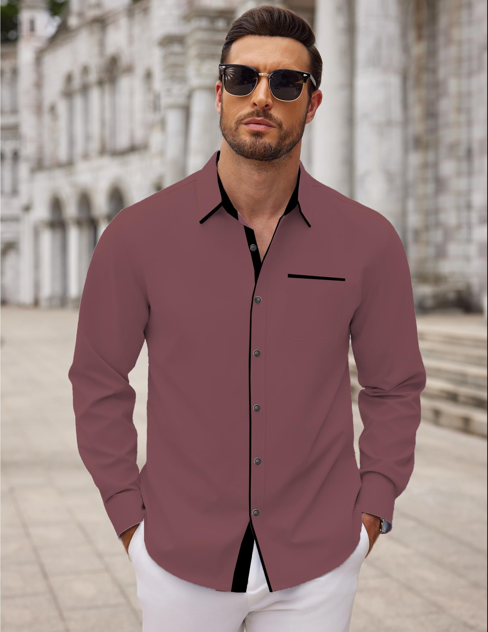 FINAXO FASHION Men's Cotton Blend Shirt, Black with Red Trim, Long Sleeve, Regular Fit (in, Alpha, L, Peach) 2