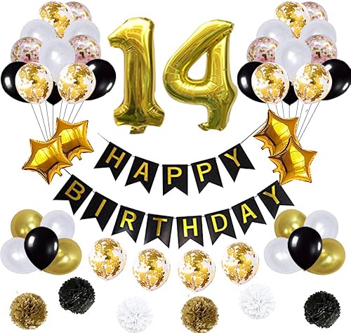 Globos de decoración de cumpleaños número 14, pancarta de feliz cumpleaños, pompón, flores, globo de Mylar dorado, globos de látex, número 14,