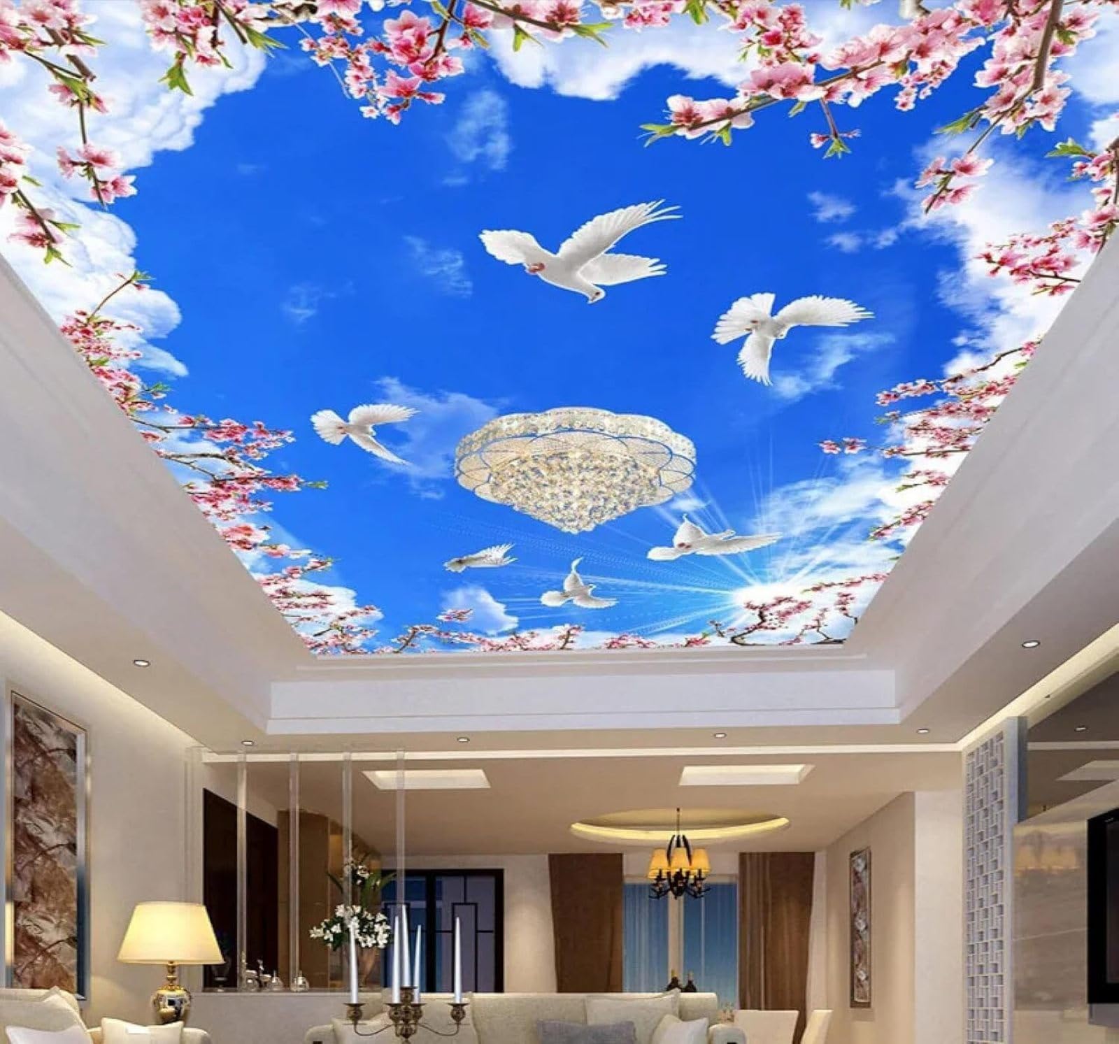 XLMING Beautiful Blue Sky White Clouds Plum Blossoms White Doves 3D Wallpaper Premium Textured Silk Study Dining Living Room Bedroom Sofa TV Wall Easy Install-200cm×140cm