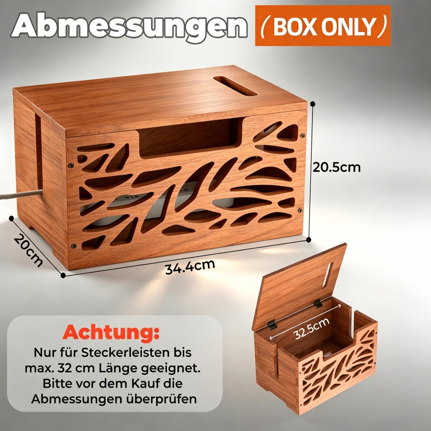 Große Kabelbox Holz mit Deckel zum Verstecken von Kabeln für Zuhause & Büro | Kabelmanagement box gegen Kabelsalat, HxBxT: 20,5 x 34,4 x 20 cm, Steckdosenbox mit Lüftung für Steckdosenleisten Verstecken