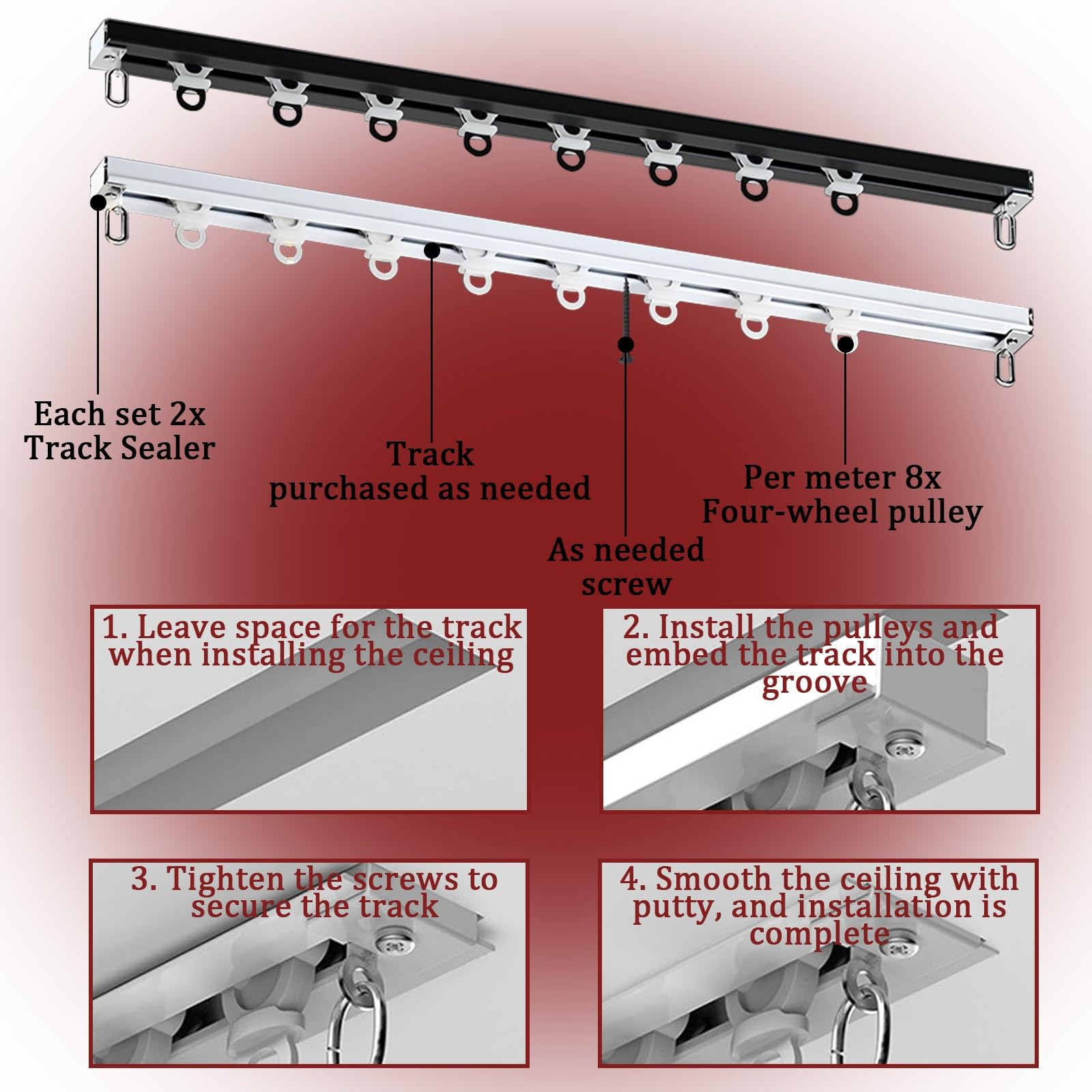 Tringle à rideaux en aluminium noir avec rouleau | Système de rails à rideaux cachés à encastrer | Rail de plafond lisse et coulissant pour fenêtres, hôpitaux, salons, salles de bains, camping-cars |