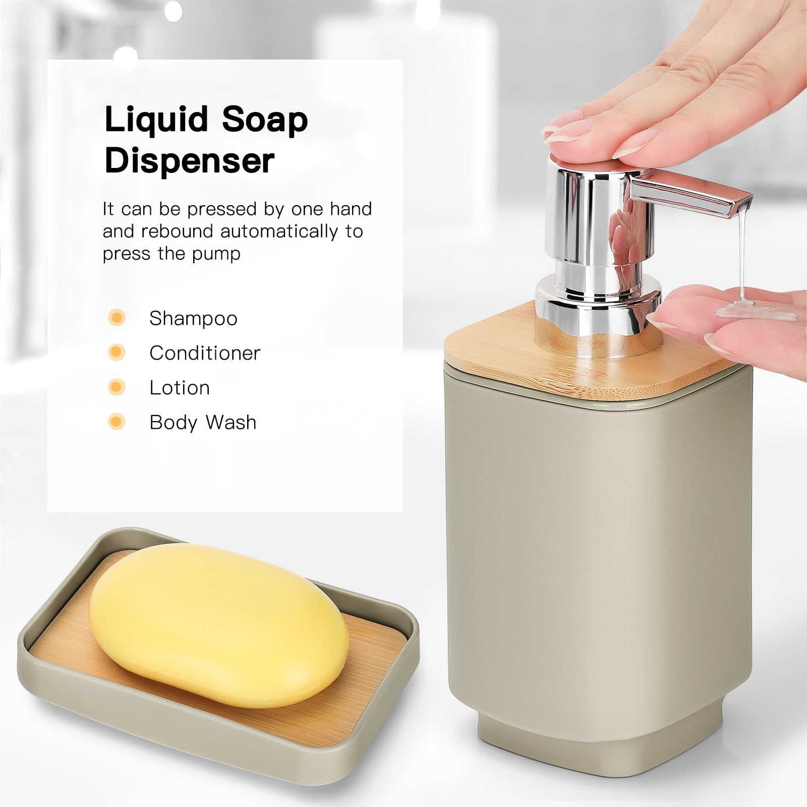 JOTOM Juego de 6 accesorios de baño de bambú, diseño moderno, 6 piezas, dispensador de jabón, soporte para cepillo de dientes, taza de dientes, jabonera, cepillo de inodoro, basura para baño,