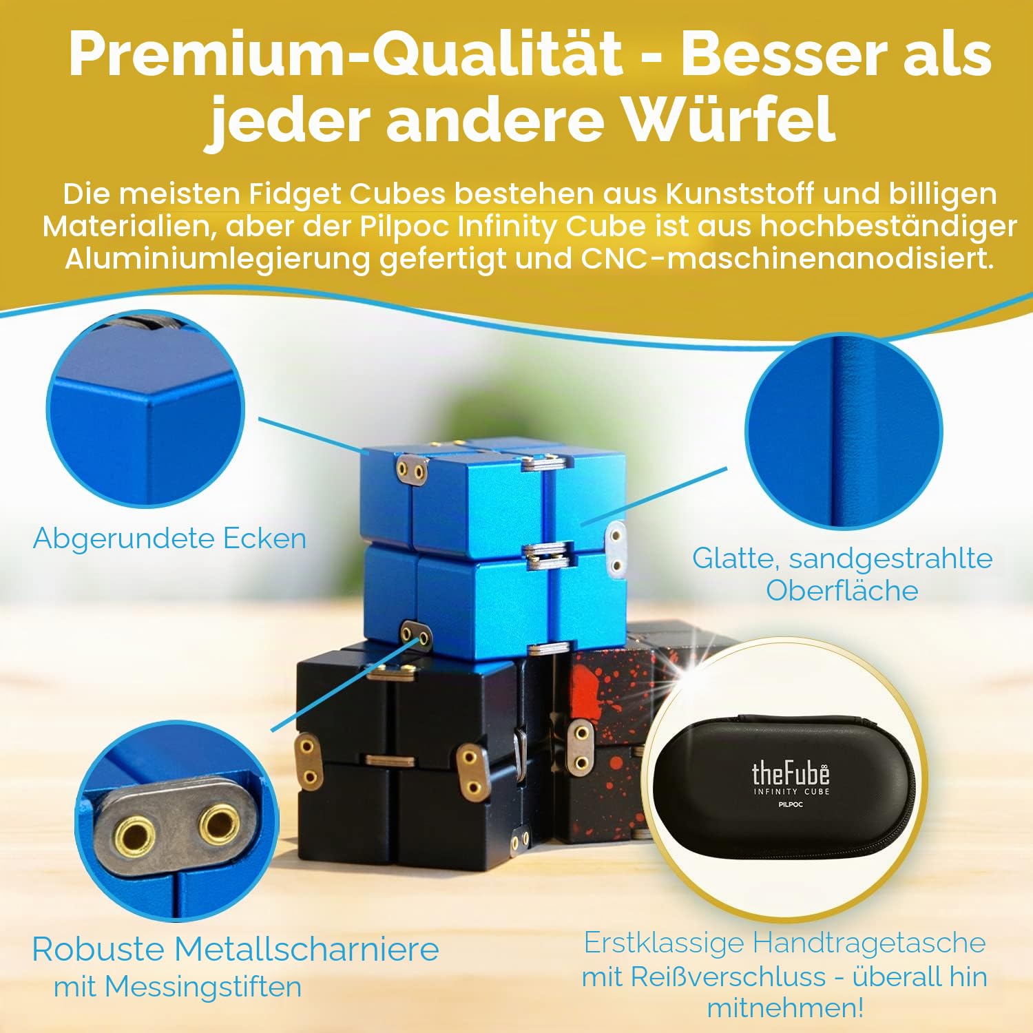 PILPOC theFube Infinity Cube Fidget Schreibtisch-Spielzeug – Hochwertiger Aluminium Unendlichkeitswürfel mit exklusiver Hülle, robust, schwer, Stressabbau, Angstzustände und Stressabbau für ADHS, TOC