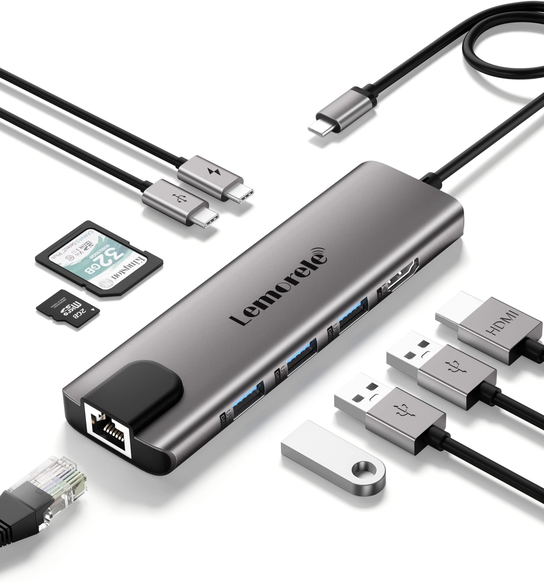 Lemorele USB C Hub Multiport Adapter 9 in 1 w/Gigabit Ethernet, 100W PD, HDMI 4K, 3 USB 2.0, 5Gbps USB C Data Port, SD/TF Card Reader, Dongle Docking Station for MacBook Lenovo HP Dell Laptops