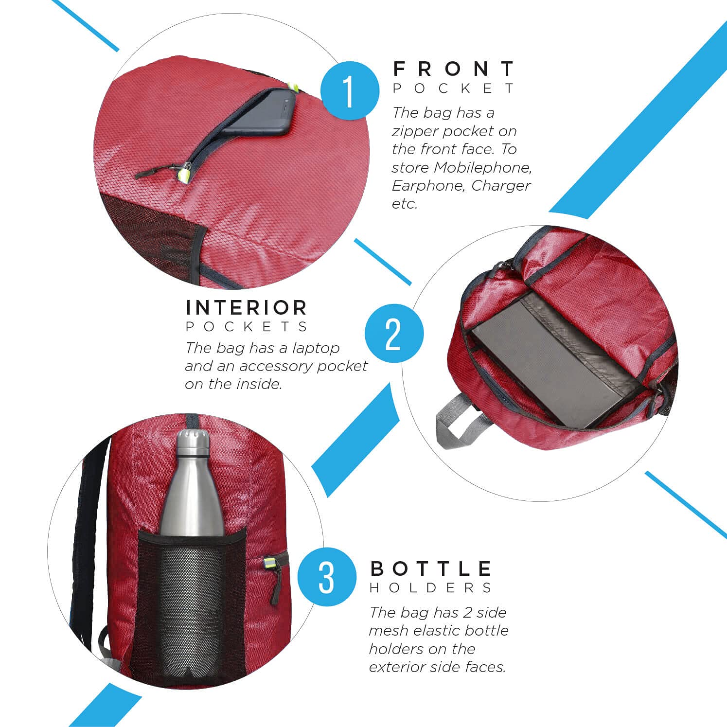 FATMUG Rucksack Travel Backpack For Camping, Trekking- Foldable, Light-Weight (25 L,Red), Medium 3