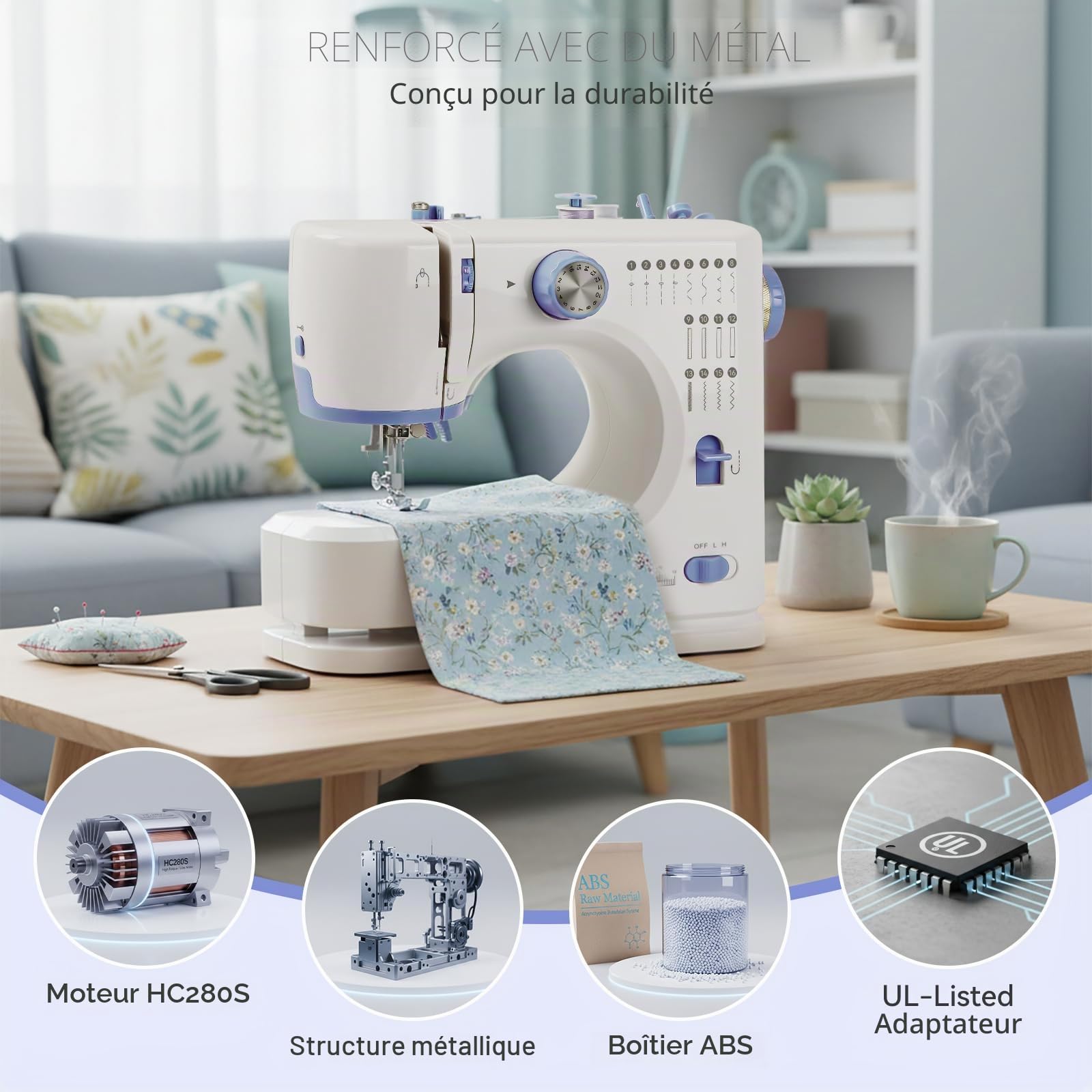 Qoosea Machine à Coudre Portable Débutant, 16 Modèles de Points Petite Machine à Coudre électrique avec Kit Accessoires, Mini Sewing Machine Facile à Utiliser avec lumière LED, Violet