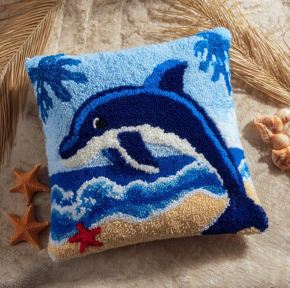 WallustrioaW Latch Hook Pillow Kits Cushion,Cute Dolphins