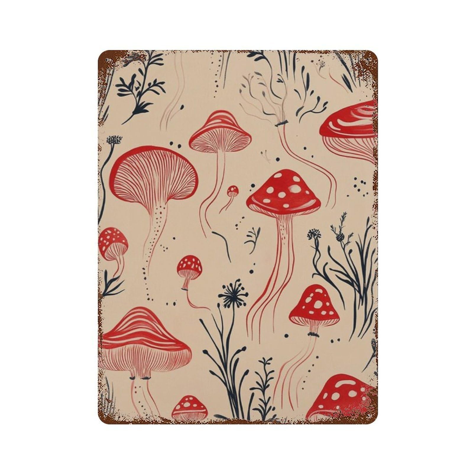 xiaoxiaoshen Mushroom Pattern Red Fungi Botanical Repeat Minimal Nature Work Wall Decor Art Metal Tin Poster Modern Home Decor Art Home Bar Shop Decorations Vintage Sign 40x30cm