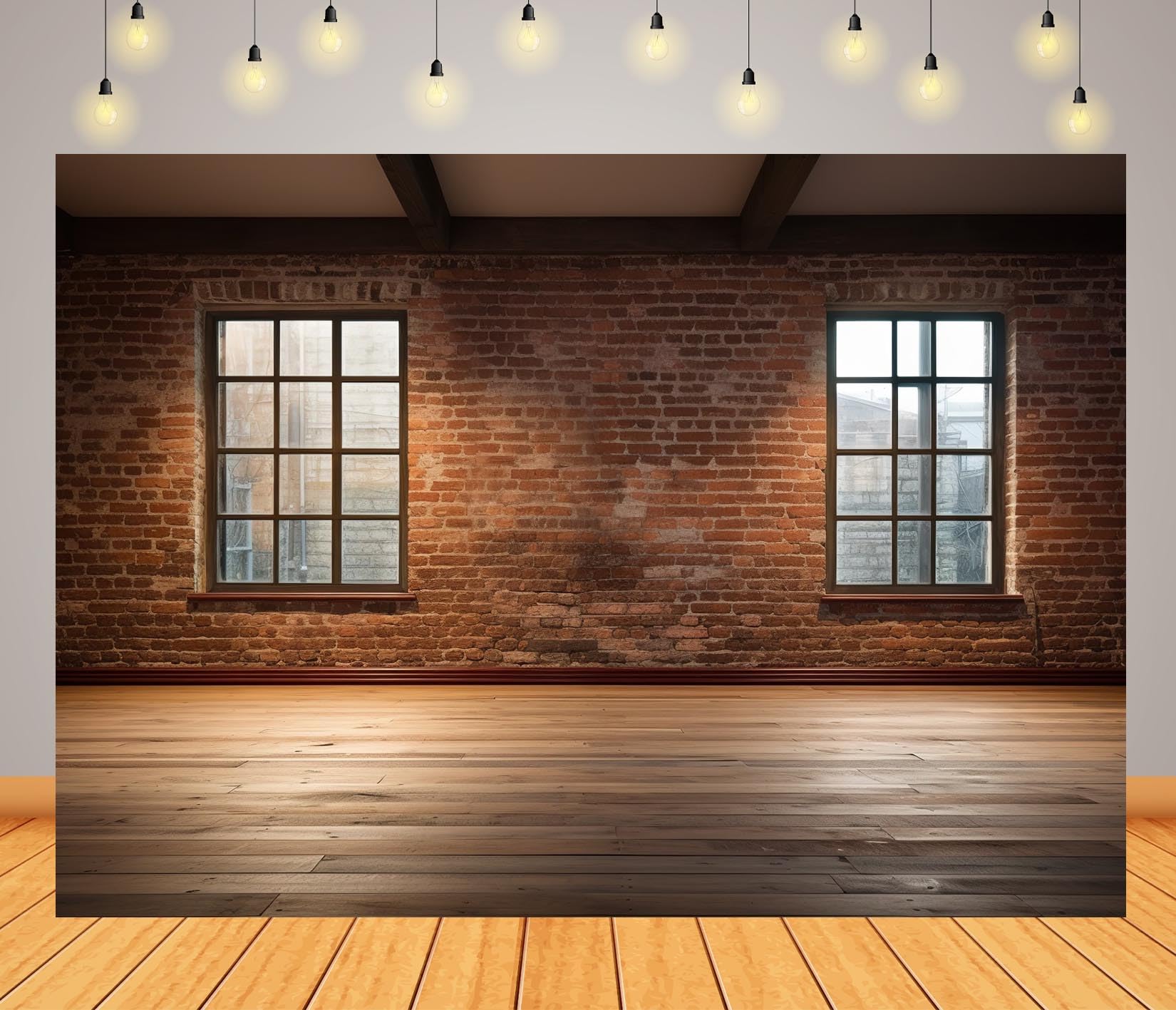 Loccor 7x5ft Fabric Empty Room Backdrop Modern Interior Room Wooden Floor and Vintage Brick Wall with Window Background for Home Office Wall Decor Video Conference Zoom Photo Props