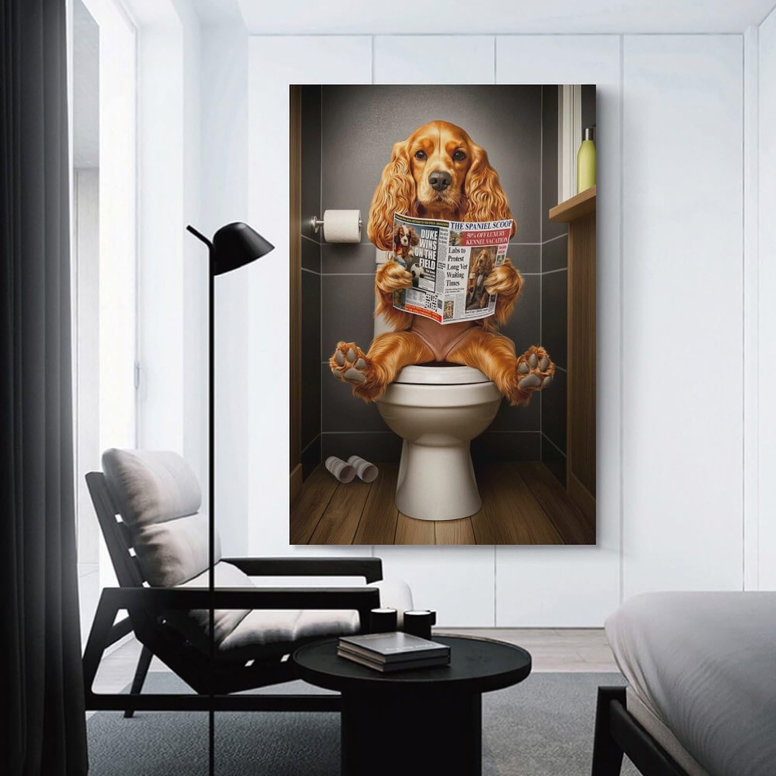 Junmoney Unframe-Style-10 Cocker Spaniel On Toilet Room Decor Wall Art 20X30inch(50X75cm), For Entrance Walls, Hall Decor Or Foyers, A Neat Decor Update For Hallways