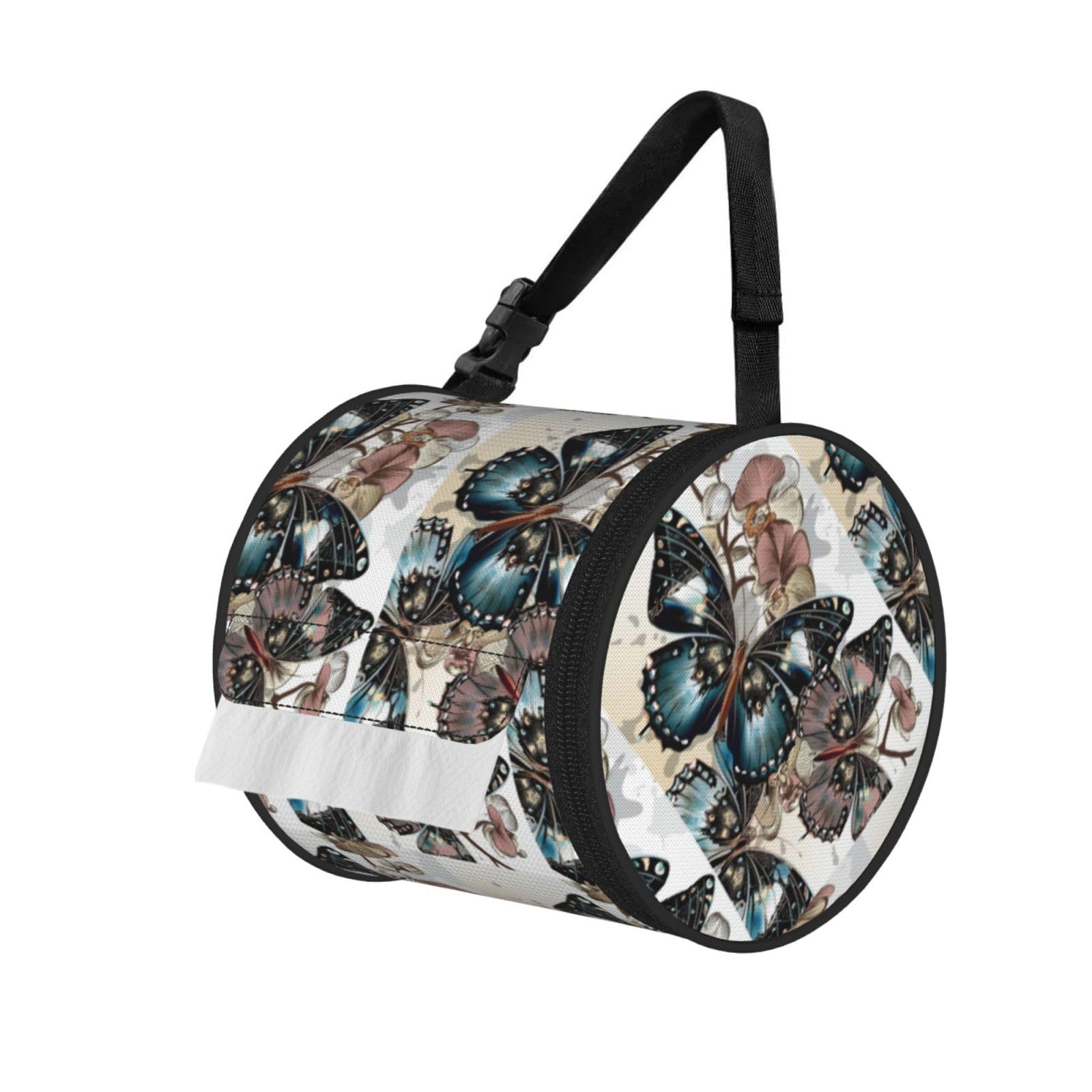 Jiuty Black Butterfly Flowers Print Cylinder Tissue Organizer Bag With Strap, Portable Toilet Roll Holder For Camping Car