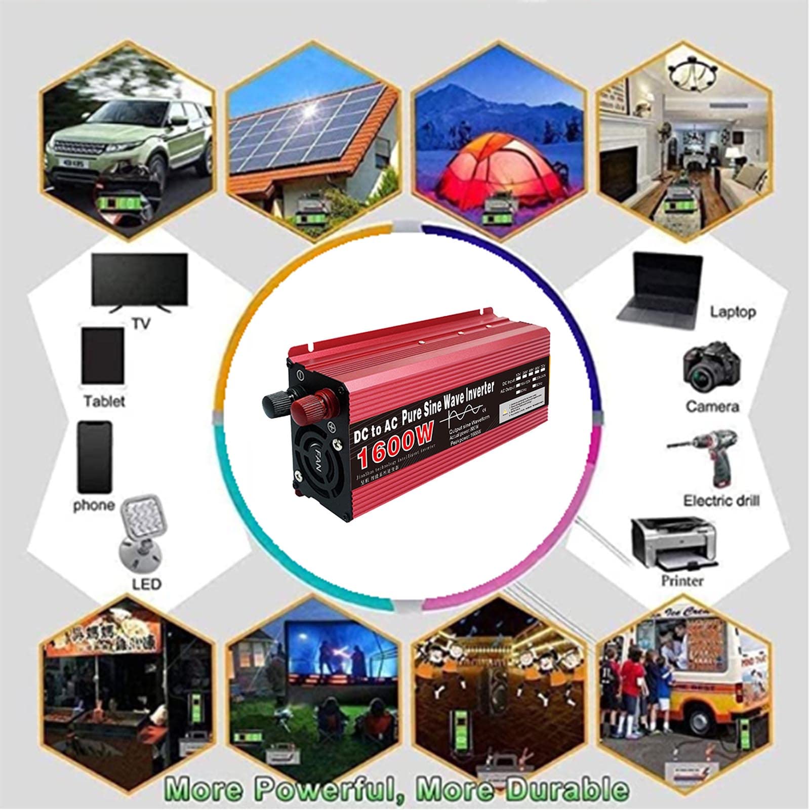 1600W czysta fala sinusoidalna przetwornica DC 12V/24V do 110V/220V AC przetwornica napięcia konwerter samochodowy do gospodarstwa domowego, kamperów, ciężarówek, kempingów