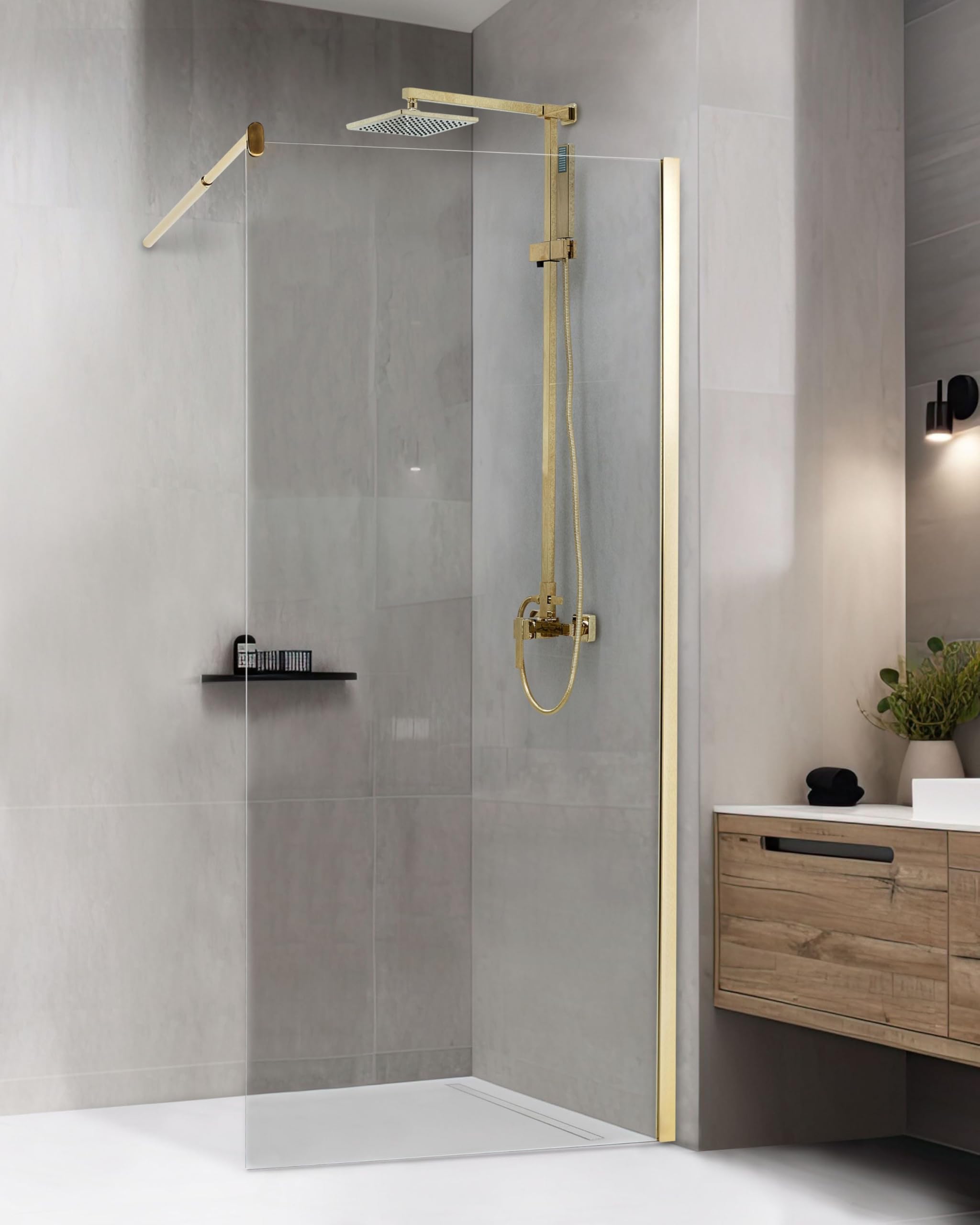 Mampara de ducha de vidrio templado sin puerta dorado 90 x 190 cm Ahaus