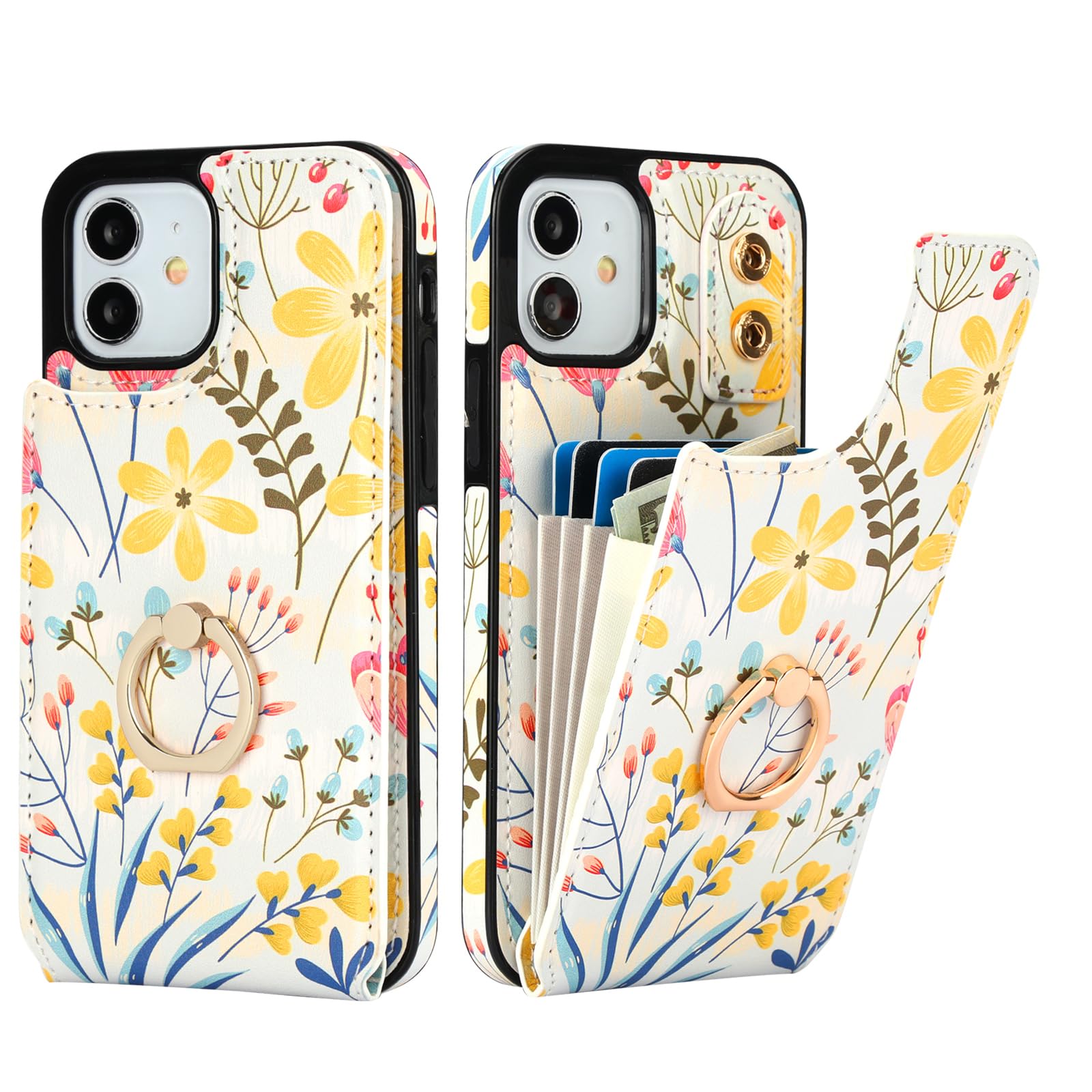 HAOPINSH for iPhone 12/ iPhone 12 Pro Wallet Case with Card Holder, 360°Rotation Ring Kickstand, Floral Flower Pattern, RFID Blocking Leather for Girls Women, Double Buttons Protective Cover 6.1