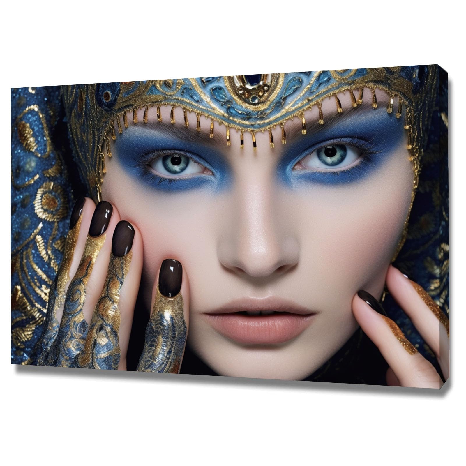 TERUEA Canvas Wall Art for Women Woman with Blue and Gold Headdress Portrait Retro Painting Bathroom Wall Decor,(Blue)-70x100cm Framed