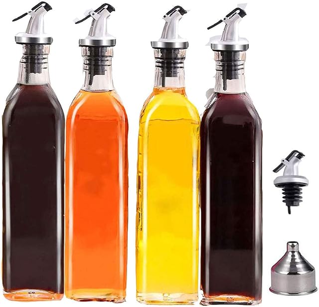 Old Tjikko Oil Dispenser,4 Pack Olive Oil Dispenser Glass Bottle Set,17oz Cooking Oil and Vinegar Cruet Set for Kitchen,Non-Drip Oil Pour and Easy Pour Spout Set,Clear (4 PACK)