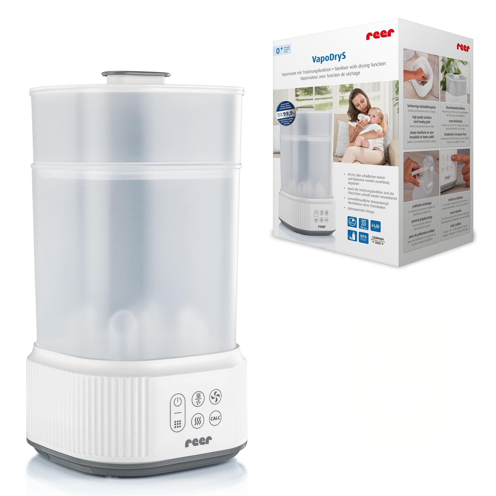 reer VapoDryS Vaporisator | Babyflaschen Sterilisator mit Trocknungsfunktion, Dampfsterilisator für bis zu 5 Flaschen, Desinfektion und Trocknung von Babyfläschchen und Zubehör ohne Chemikalien
