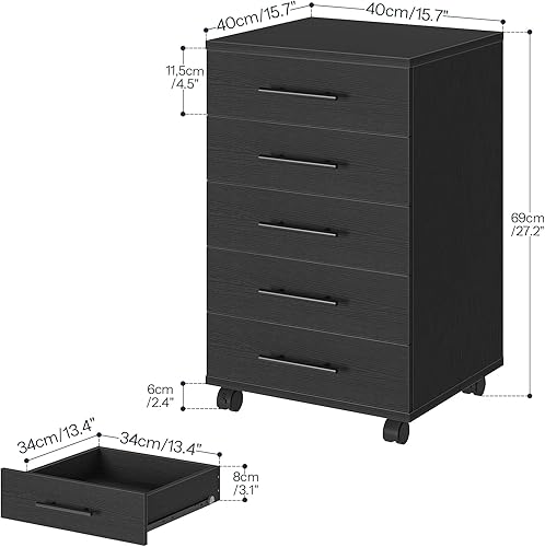 Miniatura 12 de HOOBRO Archivador de 5 cajones, archivador de oficina con cajones, gabinete de almacenamiento móvil de madera con ruedas, para maquillaje, oficina