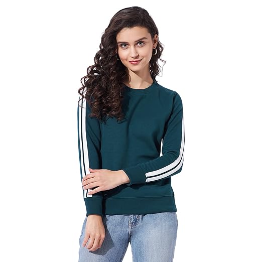 Women's Round Neck Regular Fit Full Sleeve Stripe Cotton Polyester Sweat Shirt