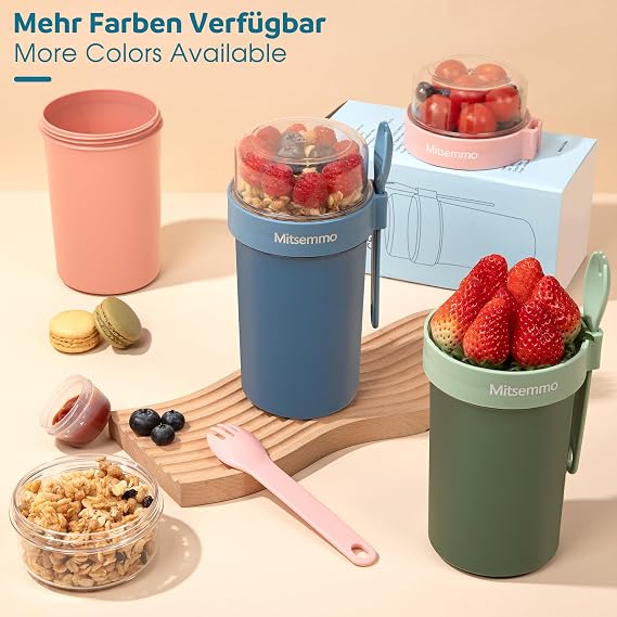 Mitsemmo Cereal Cup On The Go,760ml+230ml Muesli Cup,Breakfast Pots to Go,Yogurt and Granola Pot With Sauce Container,Travel Cereal Bowl and Milk Container,Reusable Overnight Oats Jar with Lid & Spoon