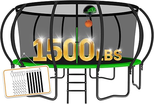 Miniatura 15 de Trámpolines de 1500 libras 8 10 12 14 15 16 pies para niños y adultos con red de protección, estacas para viento, aro de baloncesto, trámpolines