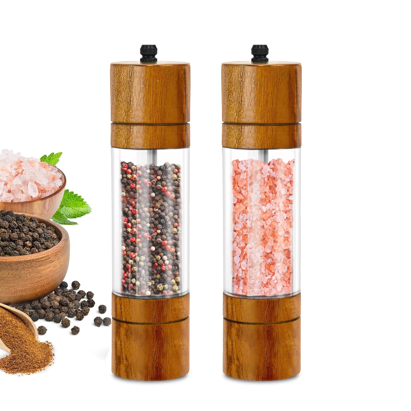 Salz und Pfeffermühle Holz 2er Set, Manuelle Pfeffer und Salzmühle aus Akazienholz, Gewürzmühle mit verstellbarem Keramikmahlwerk für Pfeffer Salz Gewürze Höhe 20,3 cm