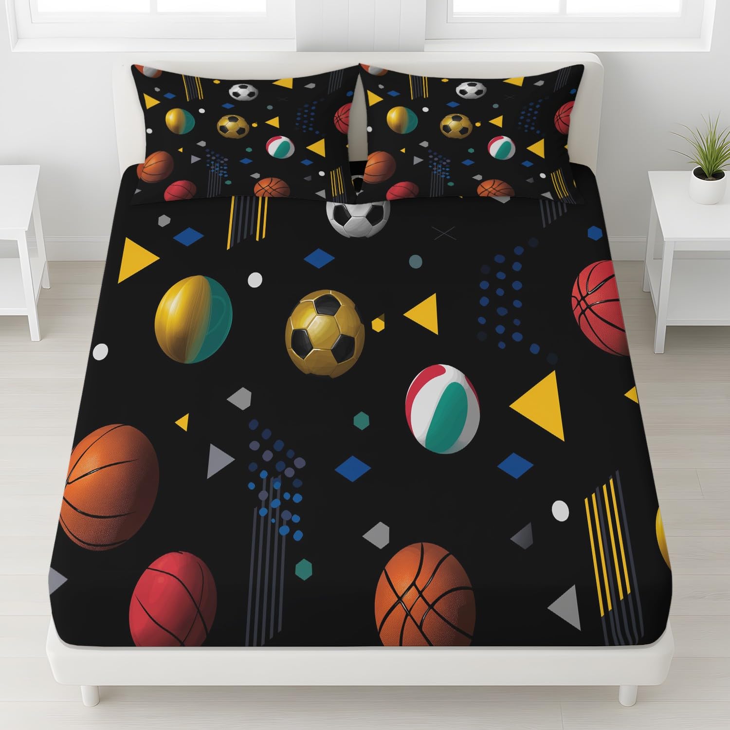 Sport Ballsport - Lenzuolo con angoli da 200 x 200 x 30 cm, 3 pezzi, 2 federe da 80 x 80 cm, lenzuolo con angoli per bambini, adolescenti e adulti, in microfibra