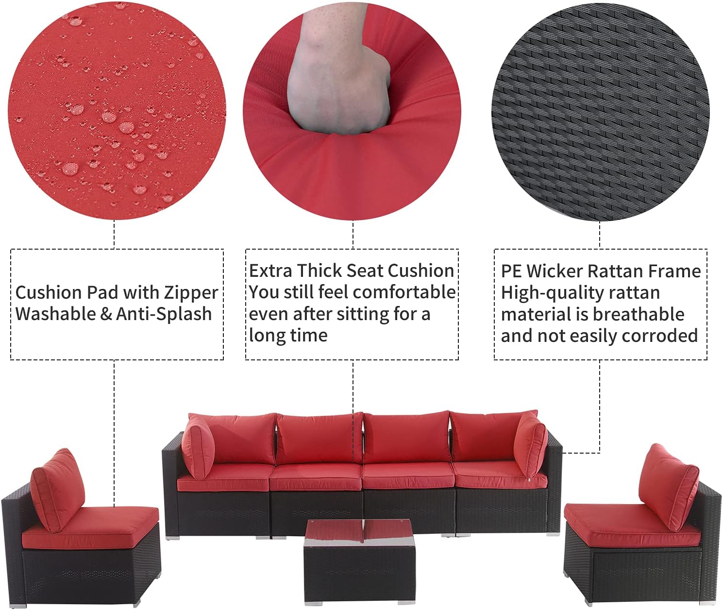 7 Pieces Patio Furniture Sets,Luxury Outdoor All Weather PE Rattan Wicker Lawn Conversation Sets,Garden Sofa Set with Coffee Table and Couch Cushions for Patio, Backyard, Pool (Red-7PCS) : Patio, Lawn & Garden