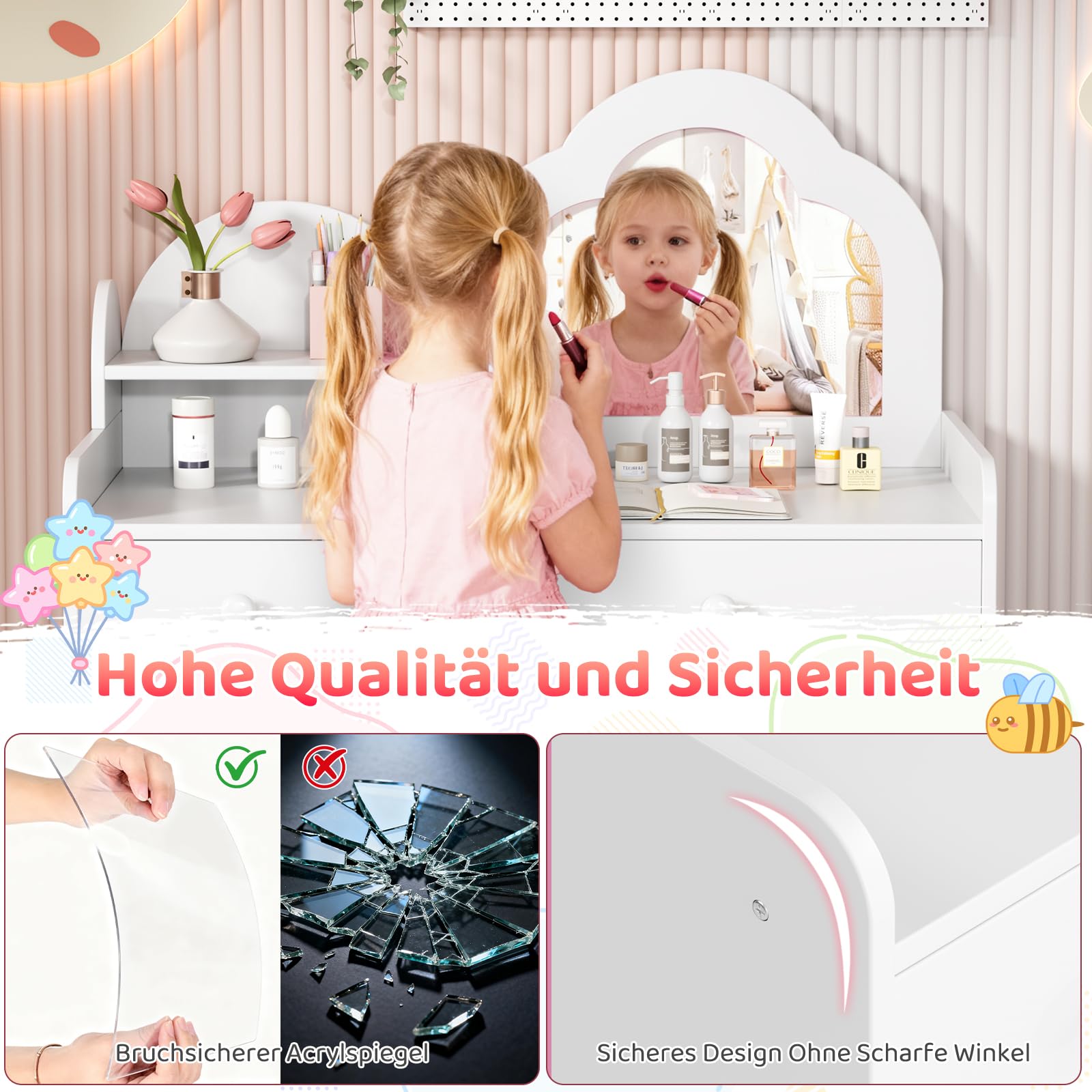 MAMIZO Schminktisch Kinder Set, Wolkenförmiger Kinderschminktisch mit Spiegel, Hocker, Schubladen und Aufbewahrungsschränken, Prinzessin Frisiertisch aus Holz, 73,5x40x90,5cm, Weiß