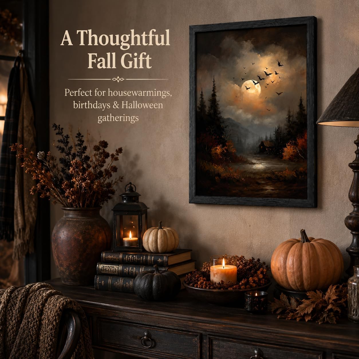 YIJONLFH Witchy Goth Halloween Bat Forest Cabin Canvas Wall Art image 2