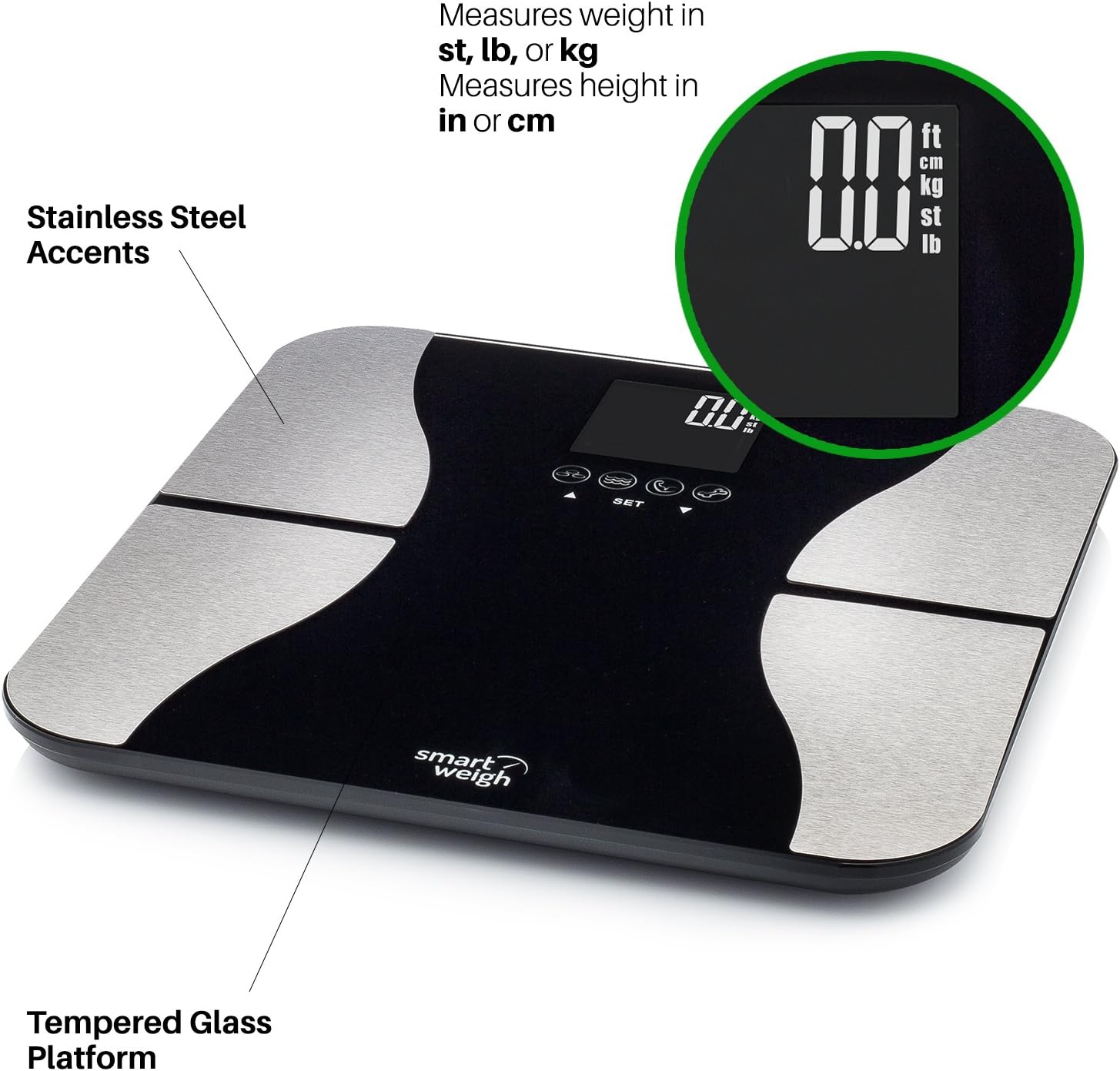 Smart Weigh Precision Body Fat Weight Scale with Tempered Glass Platform, Eight (Adult) User Recognition, 440 lb Weight Capacity, Measures Weight, Body Fat, Water, and Muscle Mass