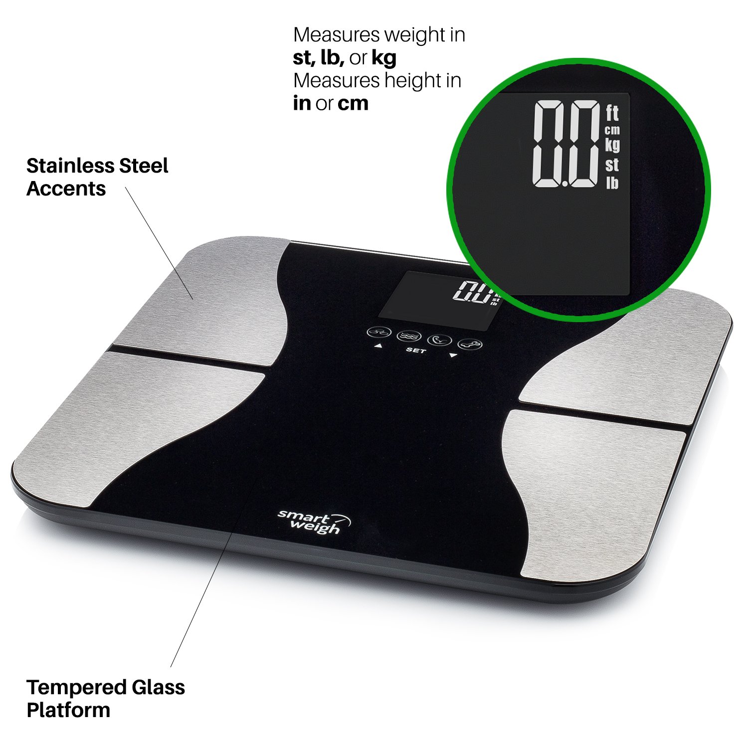 Smart Weigh SBS500 Scale with callouts for measurement units, stainless steel accents, and tempered glass platform