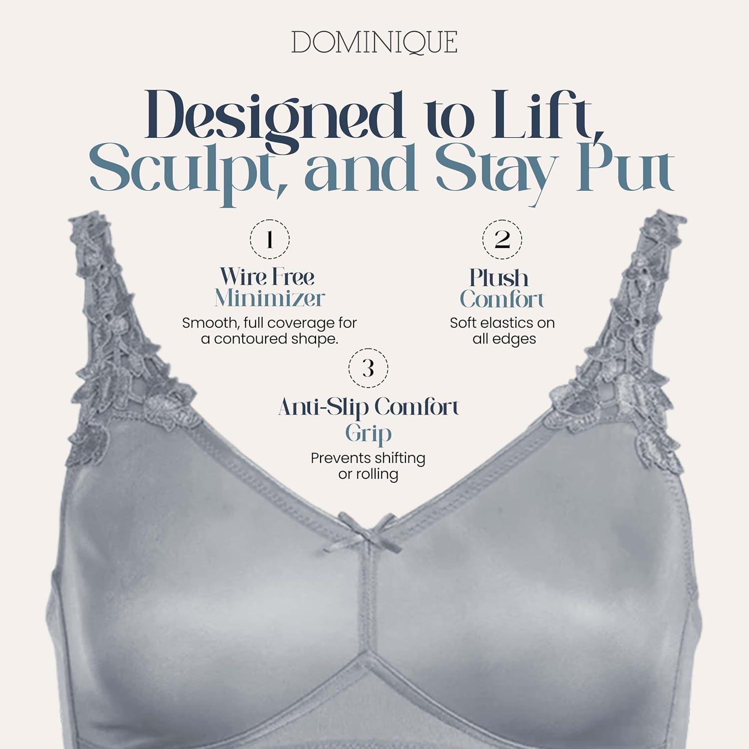 Dominique Women’s Jillian Wire-Free Minimizer Bra #6800 – Seamless Full Figure Wireless Bra - Lingerie for Women Grey Smoke