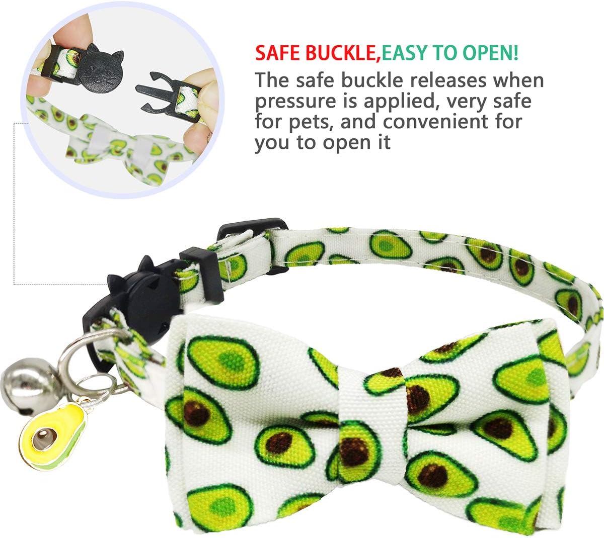 KUDES 2 Pack/Set Printed Cat Collar Breakaway with Bell Charms and Bowtie, Cute Kitten Bow Tie Collars for Kitty Puppies and Other Small Pets, Adjustable 7.8 to 10.5 Inch (Watermelon & Avocado)