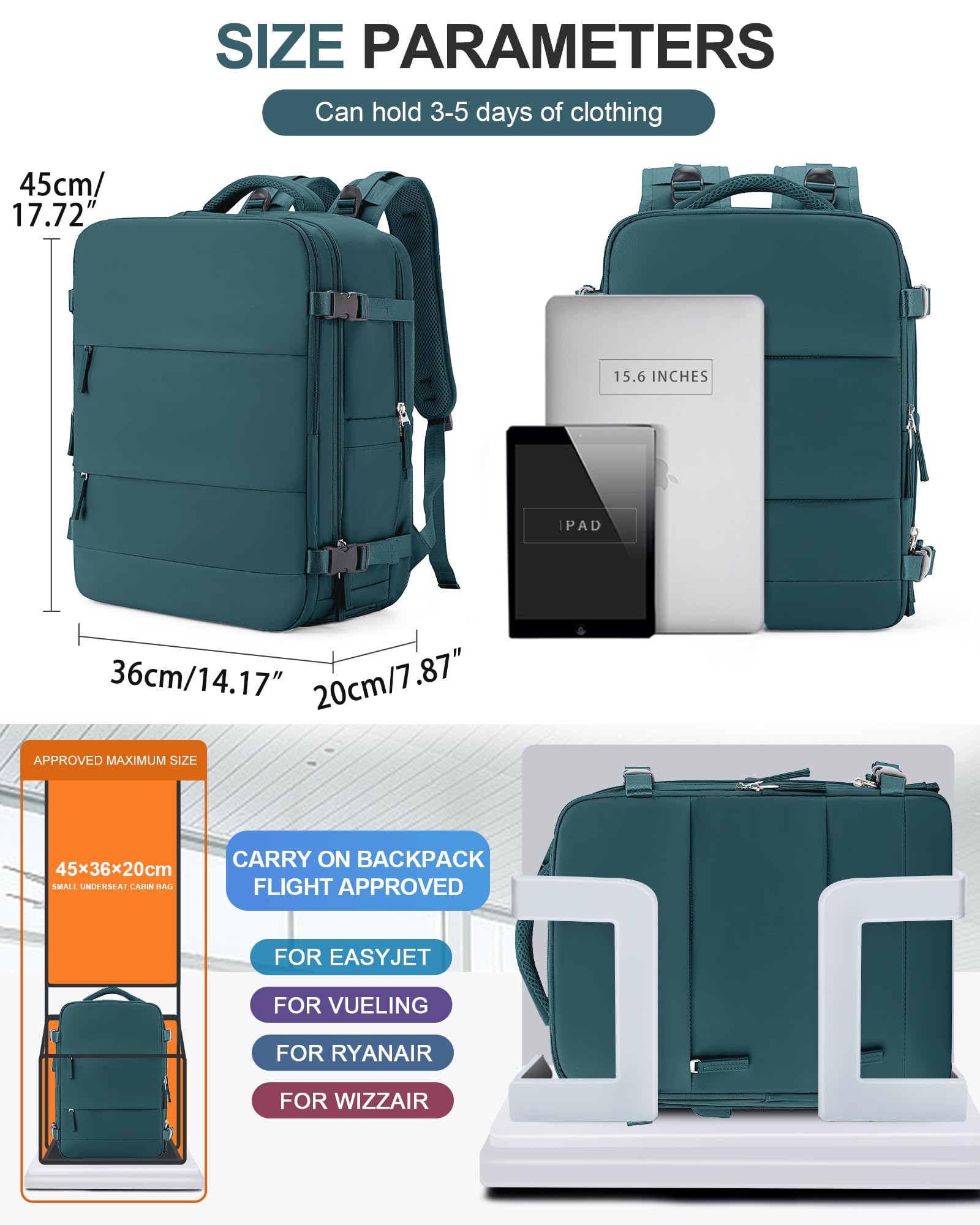 BJLFS Borse da Cabina per Ryanair 40x20x25 Bagaglio a Mano Zaino da viaggio aere,Zaino Easyjet 45x36x20,Zaino Casual per laptop da 14 pollici per scuola
